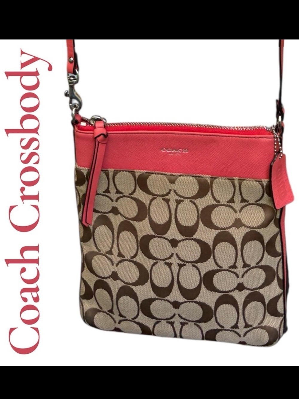 Coach Coral Salmony Pink Signature Canvas Crossbody. 9”x 8”x 1”. Like new! EUC!